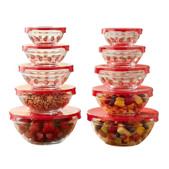 Classic Cuisine Glass Mixing Bowls - 20PC Mixing Bowls with Lids Set - Microwave and Dishwasher Safe Bowls - Kitchen Essentials (Strawberry)