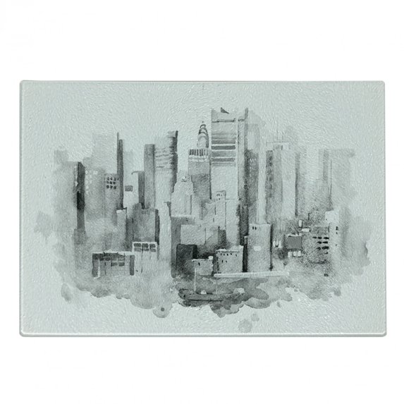 NYC Scene Cutting Board, Watercolor Interpretation of New York Cityscape United States, Decorative Tempered Glass Cutting and Serving Board, in 3 Sizes, by Ambesonne