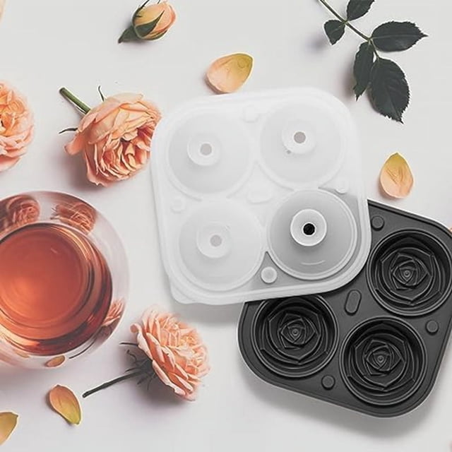 Molde para hacer 4 cubitos de hielo con forma de rosa en 3D, bandejas para hacer cubitos de hielo, molde para hacer 4 cubitos de hielo gigantes con forma de flor, apto para lavavajillas, color gris