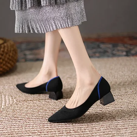 

Women‘s Chunky Heel Knit Mid Heels Non Slip Pointed Toe Breathable Slip On Shoes Women‘s Walking Footwear
