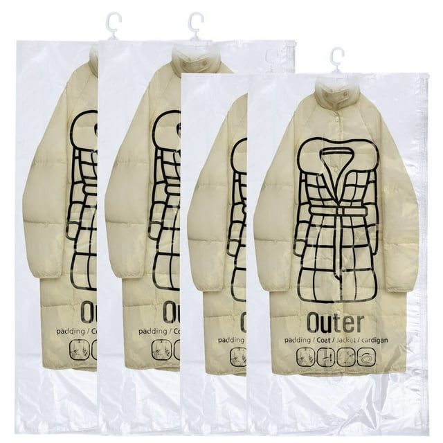 4Pcs Hanging Vacuum Clothing Storage Bags, Vacuum Compression Sealer Bags, Space Saver Bags for Clothes, Suits , Jackets