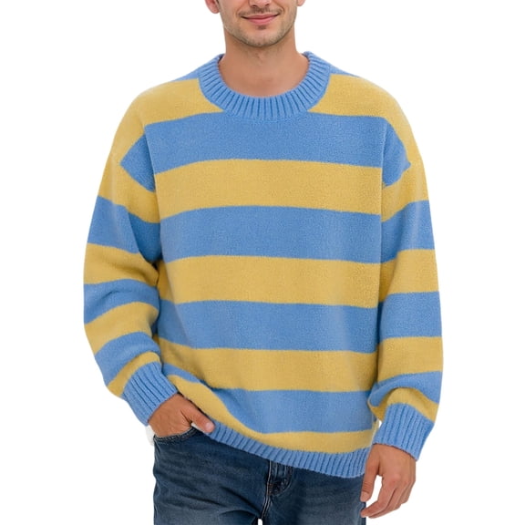 DHFJKG Men's Color Block Striped Sweaters Loose Fit Long Sleeve Crewneck Pullover Autumn Winter Casual Jumper Tops