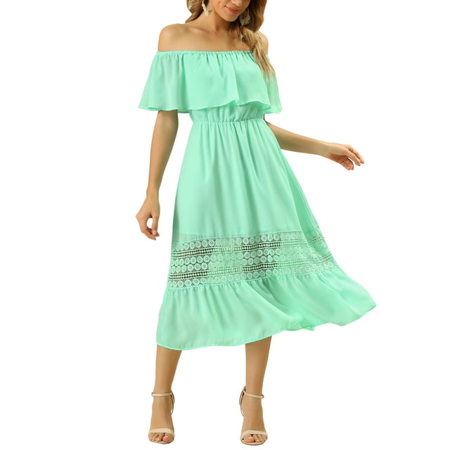 INSPIRE CHIC Robe Femme Manches Volantées Épaules Dénudées Volant Dentelle Robe Maxi m Vert Menthe