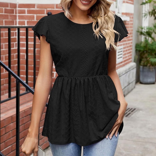 Meichang Chemises à Illets pour Femmes Col Rond Uni Manches Courtes Jupe Ourlet T-Shirts Tuniques Hauts Habillés Décontractés Blouses de Travail Basiques T-Shirts Mode Été 2024 Noir L