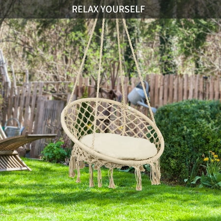 Zerone Outdoor Indoor Swing Chair Hanging Chair Cotton Rope Swing Seat Hanging Hammock Chair With Cushion Seat Beige