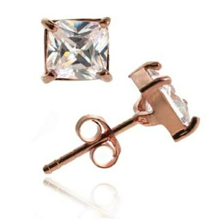 18k Rose Stud - 18K Rose Gold over Sterling Silver CZ Square Stud Earrings, 6mm
