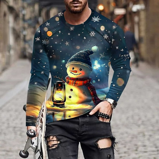 Blusas y camisas de manga larga y cuello redondo para hombre, informales, con estampado navideño, deportivas, de poliéster.