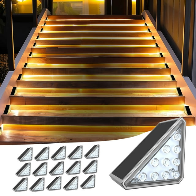 16 Pack Solar Stair Lights Outdoor Stair Lights with Waterproof IP67 LED Solar Light for Outside Light Decor for Stair, Deck, Front Step, Front Porch, Patio, Garden and Backyard