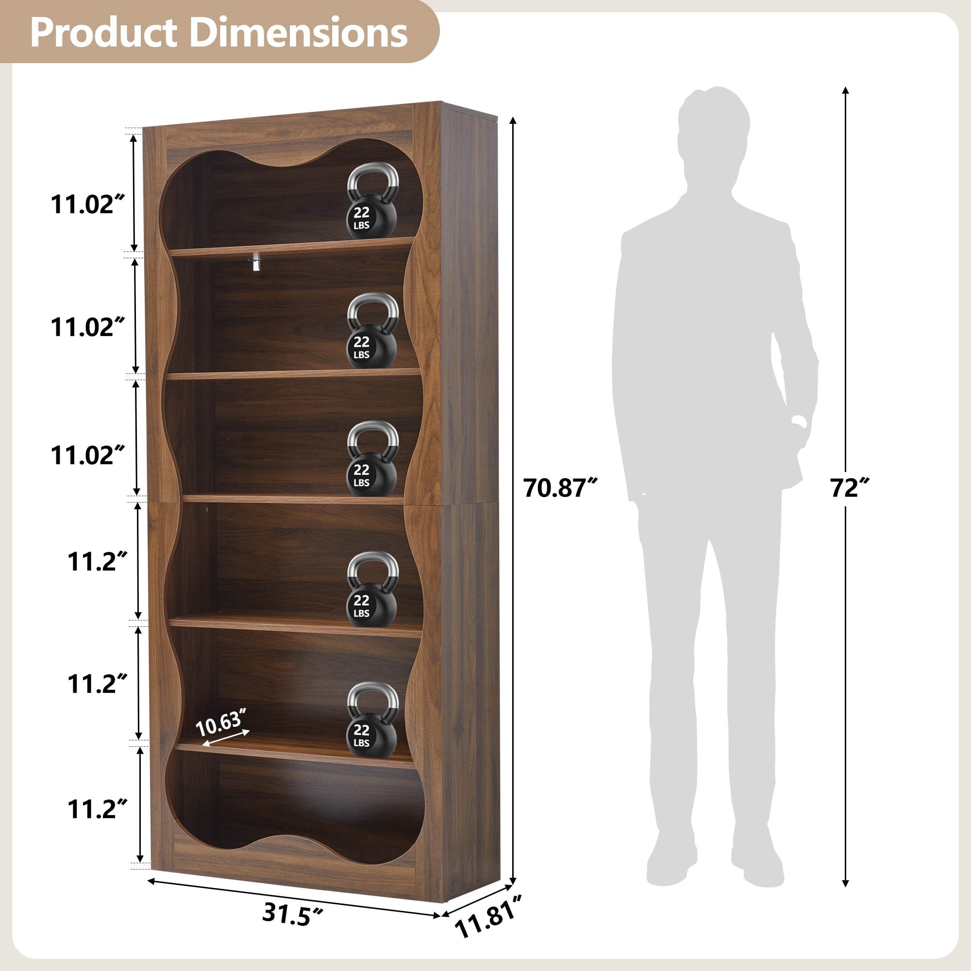 YOCWO 70" Tall Bookcase with Wave Design, 6 Tier Wooden Bookshelf with Open Storage for Office, Walnut