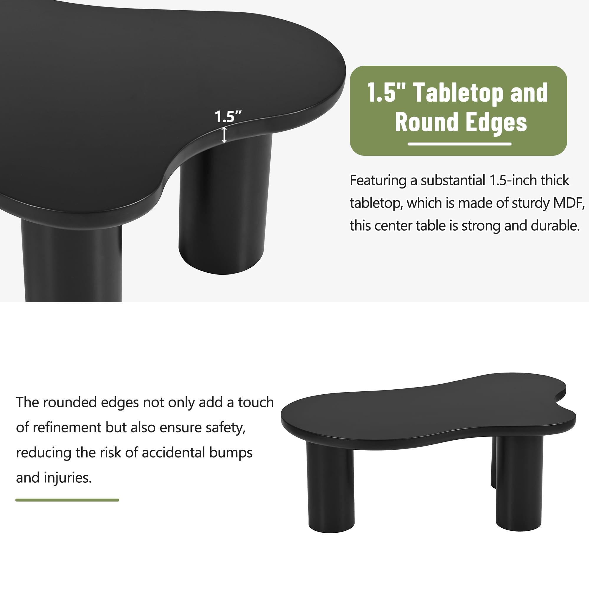 MAYEERTY 44'' x 25.9'' Easy Assembly Cloud Coffee Table with 1.5'' Thick Tabletop, Cream Style Irregular End Table with 3 Sturdy Legs, Sleek Center Table with Round Edge for Living Room, Black