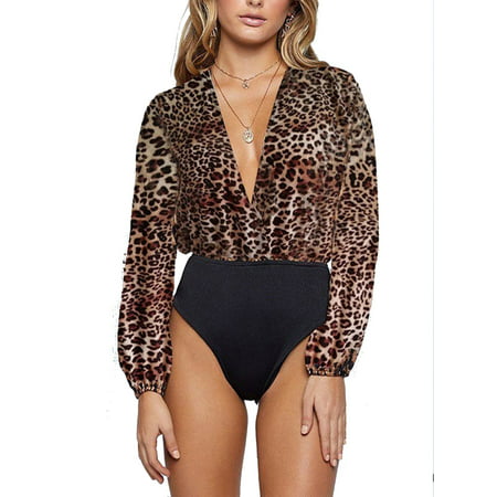 Sexy Womens Leopard Long Sleeve V Neck Bodysuit Leotard Jumpsuit Ladies Tops Shirt Clubwear