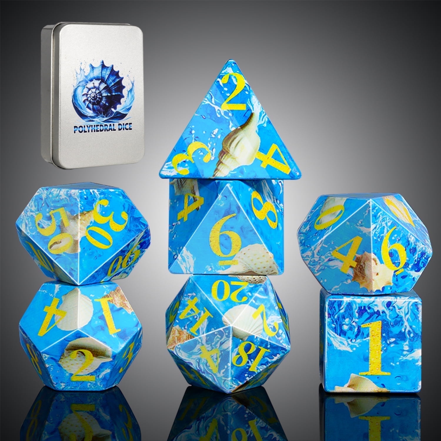 SWAJUJA DND Polyhedral Dice Set, 7 Pieces, Ocean Blue with Gold Numbers, White Conch Design