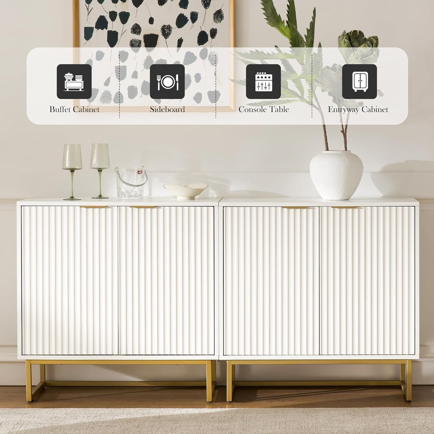 Joyyskill Fluted Storage Cabinet, Sideboard Buffet Cabinet with Adjustable Shelves, Storage Credenza Accent Cabinets, White