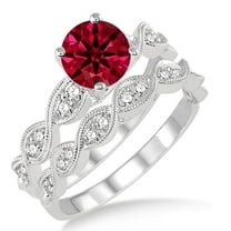 1.5 Carat 6mm Round Cut Red Ruby inertwined Bridal Set Moissanite Diamond on 10k White Gold