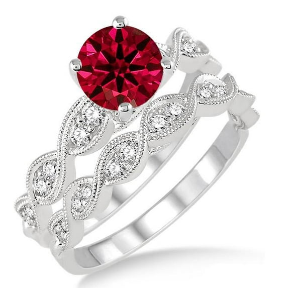 1.5 Carat 6mm Round Cut Red Ruby inertwined Bridal Set Moissanite Diamond on 10k White Gold