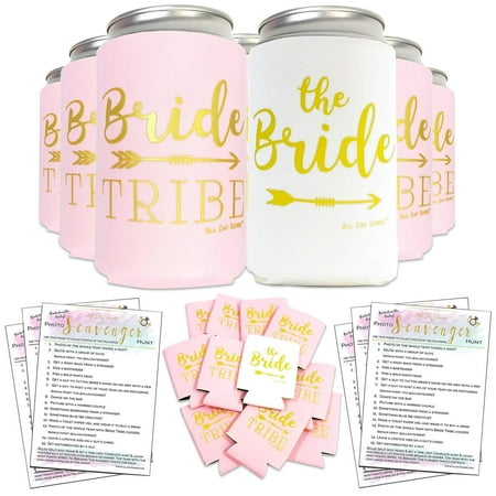 Bachelorette Party Decorations Bride to Be Favors Can Cooler Sleeves 11pcs + Bonus Fun Photo Game | Bridal Shower Gifts, Bride Tribe, Wedding, Props, Supplies |10 Mint Green/Pink & 1 White RosÃ©