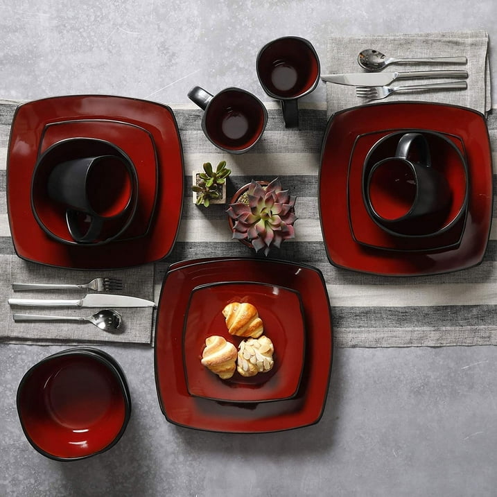 Gibson Soho Lounge 16-Piece Square Stoneware Dinnerware Set in Red – Modern Red and Black Dish Set for Stylish Dining, Microwave & Dishwasher Safe