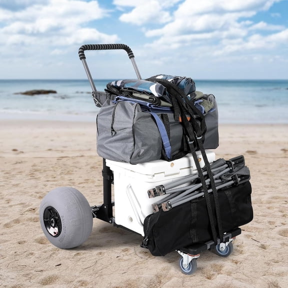 Beach Cart Foldable Fishing Trolley with 12 inch Balloon Wheels for Sand All-Terrain