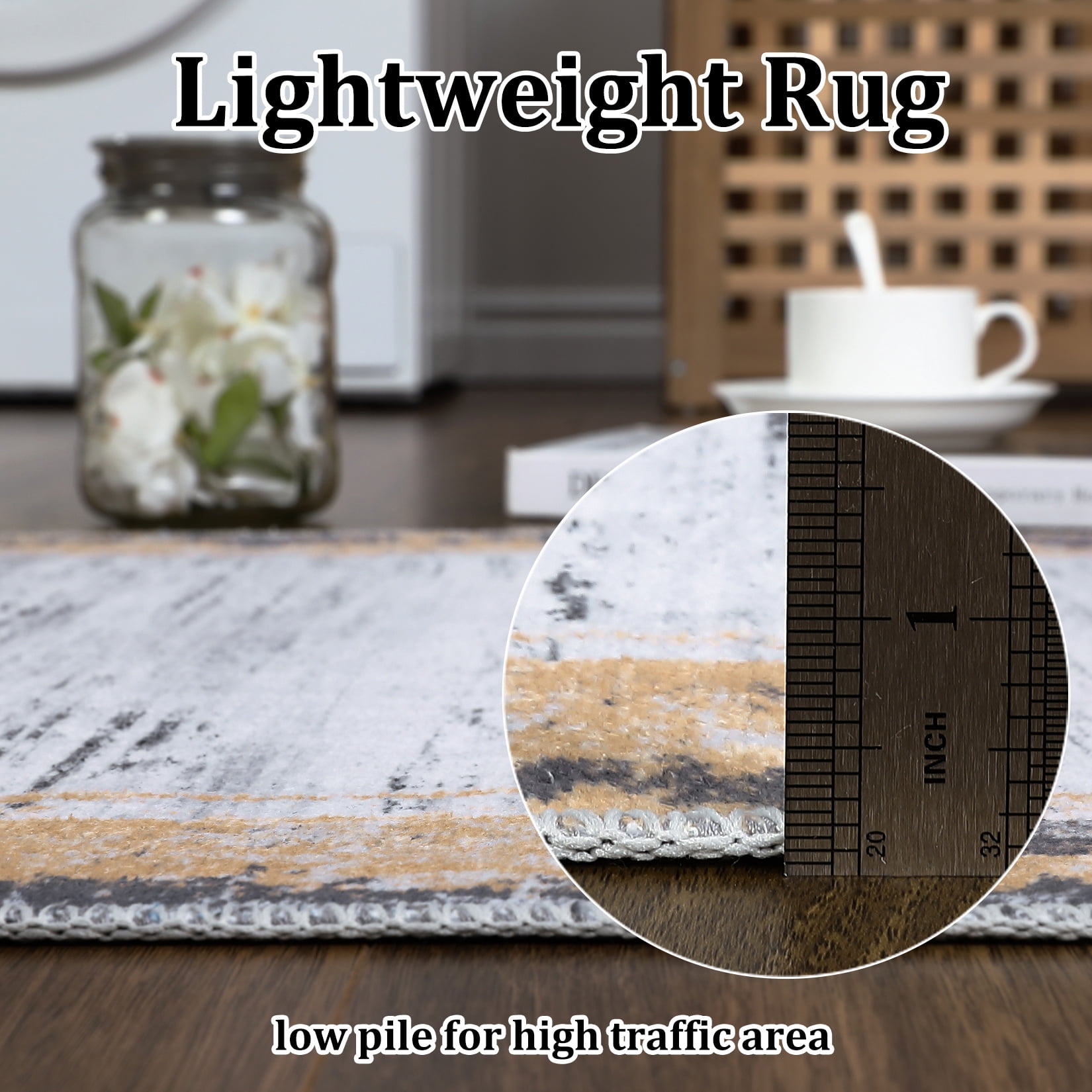 HOMERRY Washable Rugs 8'x 10' Rug for Living Room Bedroom Rug Modern Bordered Thin Indoor Carpet, Yellow