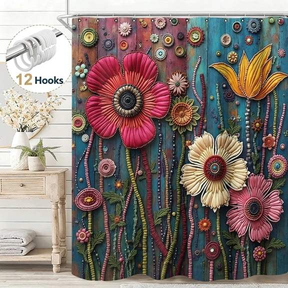 Boho Colorful Floral Embossed Flower Fall Shower Curtain, Exquisite Whimsical Rustic Bathroom Decor, Waterproof Cloth Fabric Floral Shower Curtain for Bathroom, 36*72in