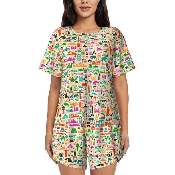Balery Travel Conjunto de Pijama para Mujer con Estampado, Dos Piezas de Manga Corta y Shorts, Ropa de Dormir Suave con Cuello Redondo y Bolsillos-Medium