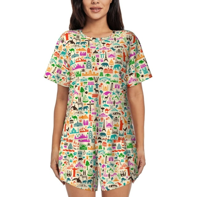 Fotbe Travel Conjunto de Pijama Estampado para Mujer, 2 Piezas, Ropa de Dormir con Camiseta de Manga Corta y Shorts Suaves-Small