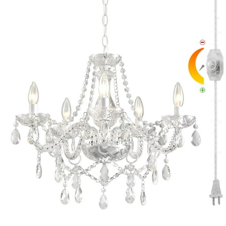 DIMMABLE Plug-in Glass Chandelier 5 Light Crystal, White Hanging Pendant Light Fixture with Cord, Classic Vintage K9 Crystals Beads for Girls' Room Dining Area
