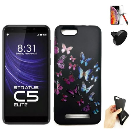 For Cloud Mobile Stratus C5 Case / C5 Elite with Car Mount, Screen Protector ( Flexible Gel Case Butterfly +Tempered Glass +Car Mount)