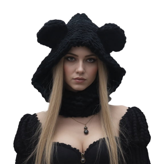 Plush Knitted Scarf Hat with Bear Ear Design Soft Thicken Winter Sport Headgear