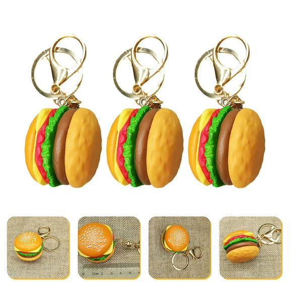EXHUMKY 3pcs Resin Mini Burger Keychain Charm Set, Novelty Keyring for Car, Backpack, Daily Use, 3.9×1.2×1.2in