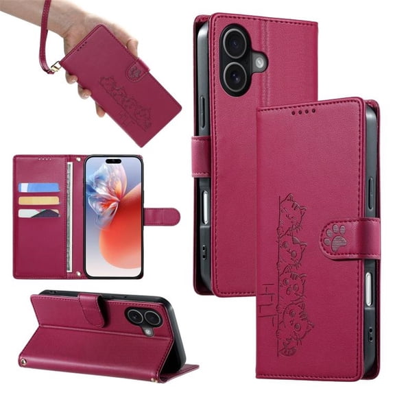 Wallet Leather Case For iPhone 17 6.3",with Card Holder,wristband, Shockproof Kickstand Embossed Cute Cats, Snap Phone Case,Red,For iPhone 17