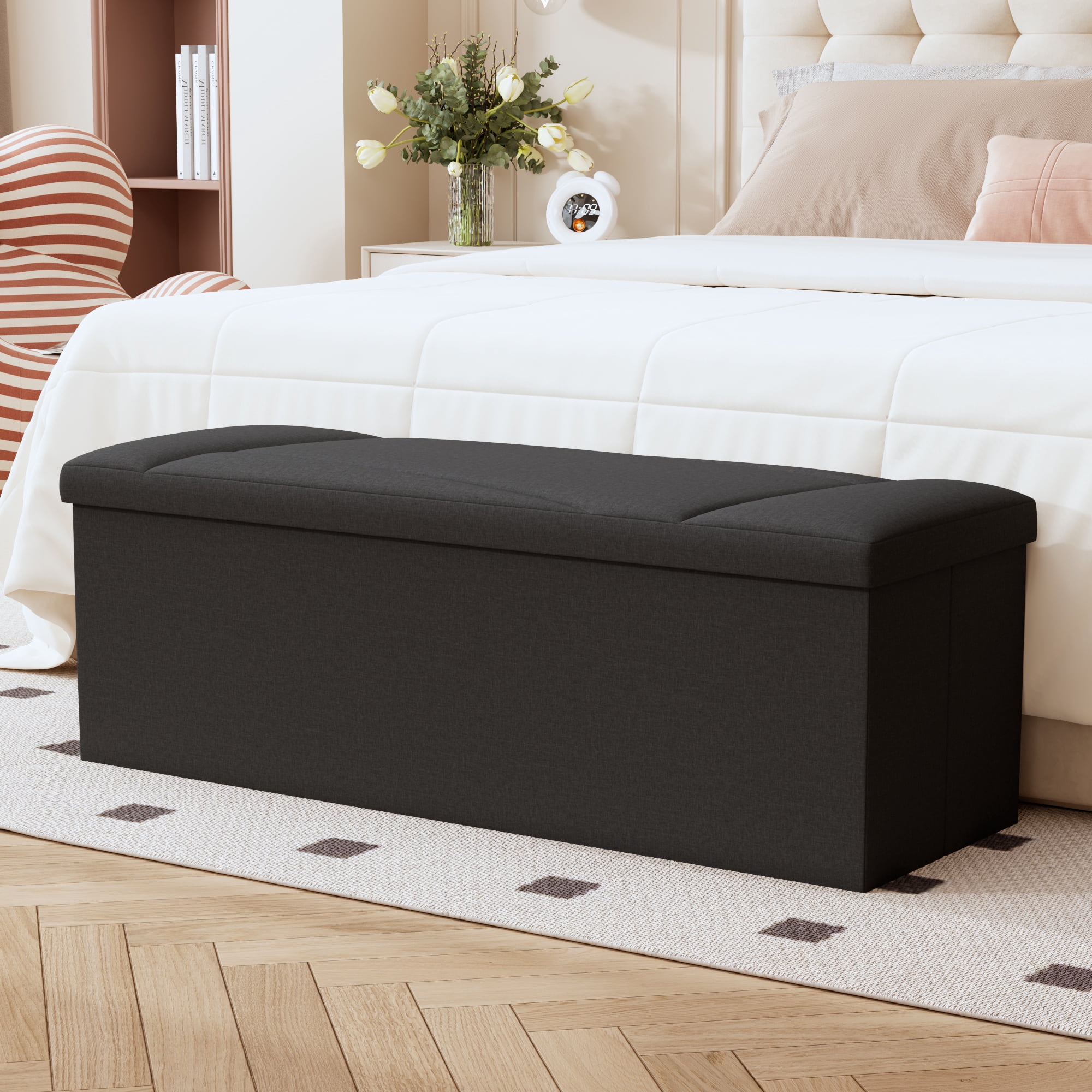 Ottoman with Storage, ZETDIY 43"  Linen Ottoman Storage Bench with 660lb Capacity, Black