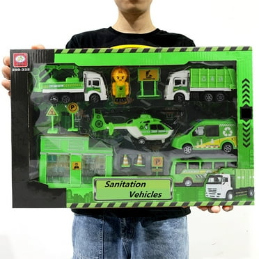 13PCS Kids Sanitation Truck Car Model | Garbage Truck Playset With Signpost Educational Toy Set For 3  Year Old Boy