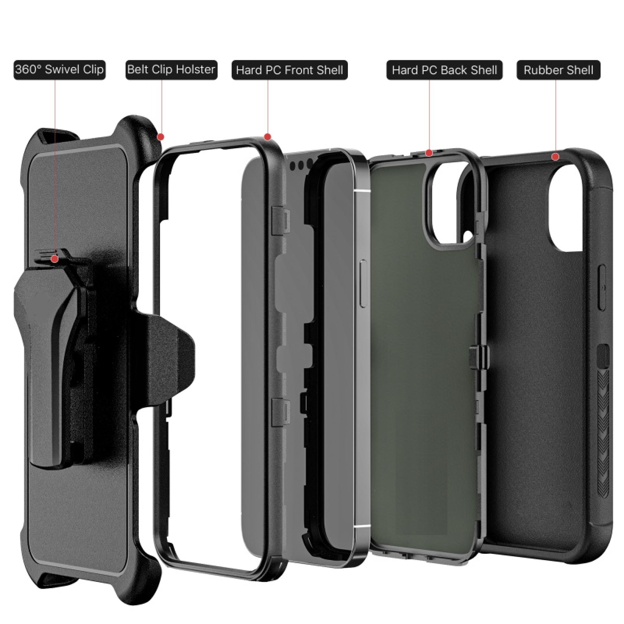 Magnetic Charging-Compatible Rugged Case with Holster & Tempered Glass Screen Protector compatiable with iPhone 16E iPhone 14 iPhone 13