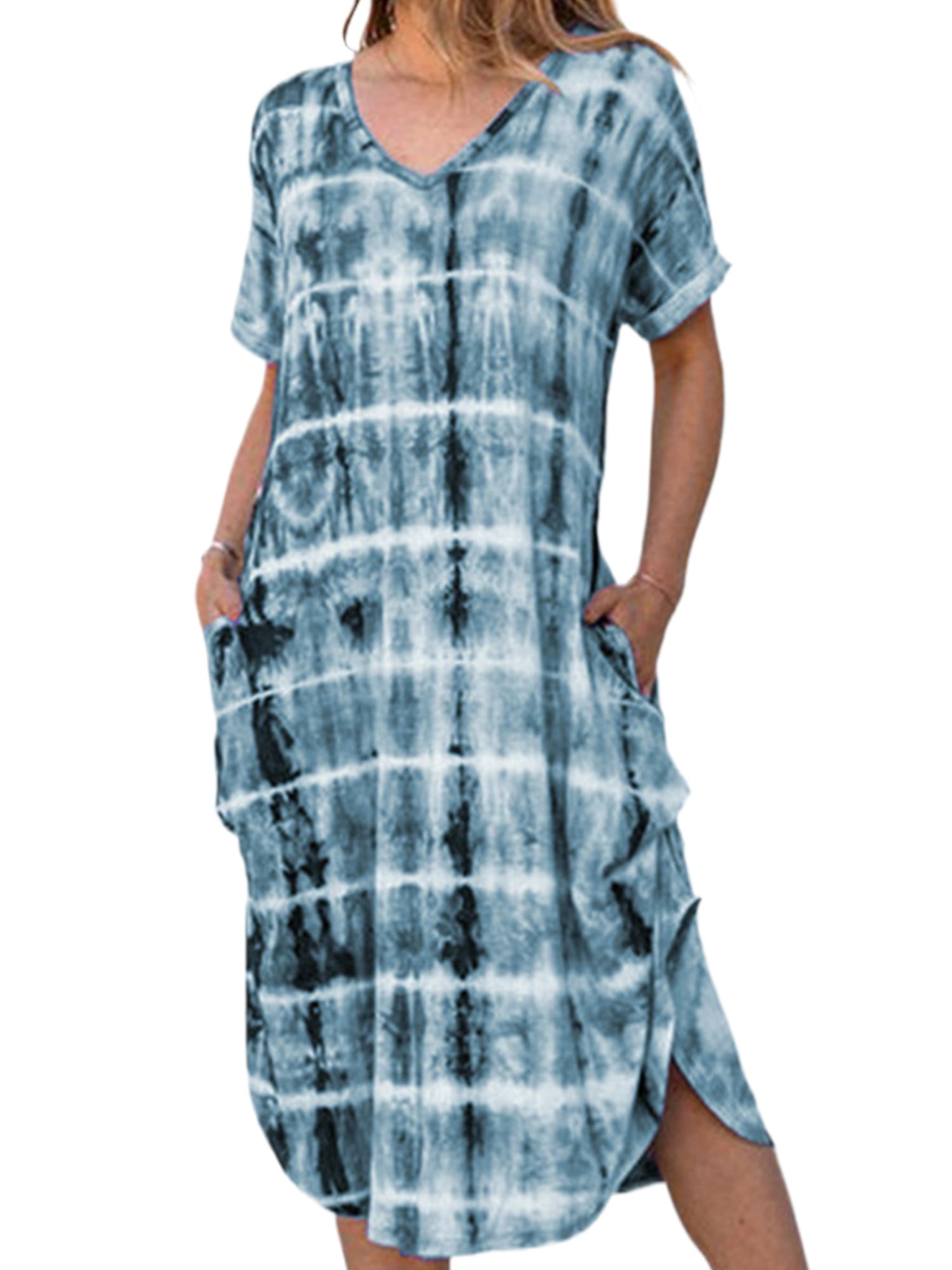 UKAP Women Short Sleeve Pocket Long Dress Casual Loose Printed Summer ...