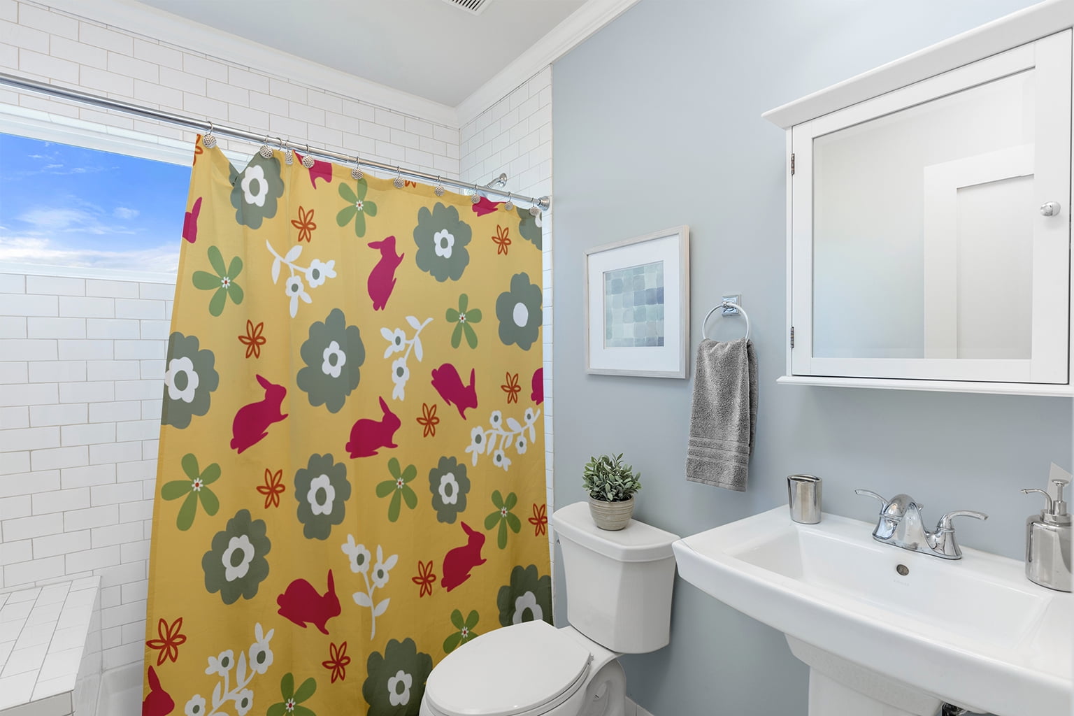 Simply Daisy 70" W x 73" L Flowery Love with Bunnies Polyester Shower Curtain, Daffodil Yellow-Pink [1 Ct]