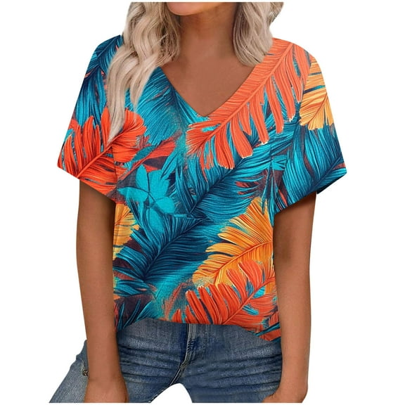perfectbot Short Sleeve Tops for Womens Breathable Dressy Blouses Summer Print V-Neck Shirts 2025 Fashion ,S-3XL