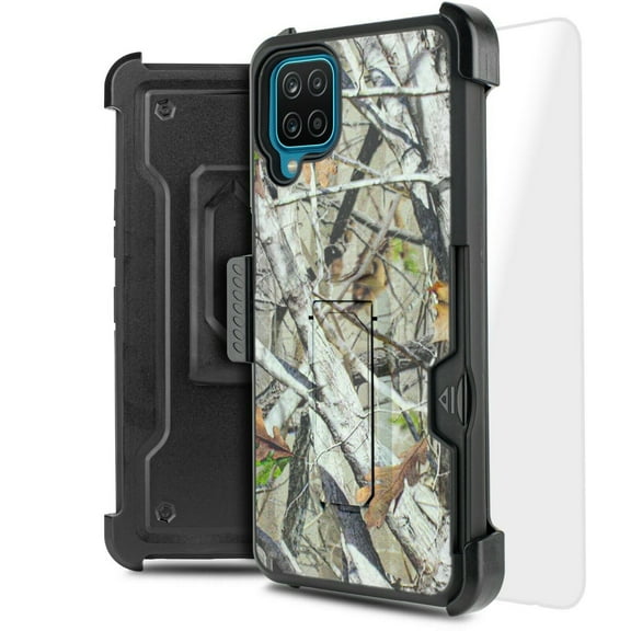 for Samsung Galaxy A12 5G Card Slot Magnetic Case Heavy Duty Shock Absorption Kickstand Armor Case with Belt Swivel Clip Holster Cover with Tempered Glass