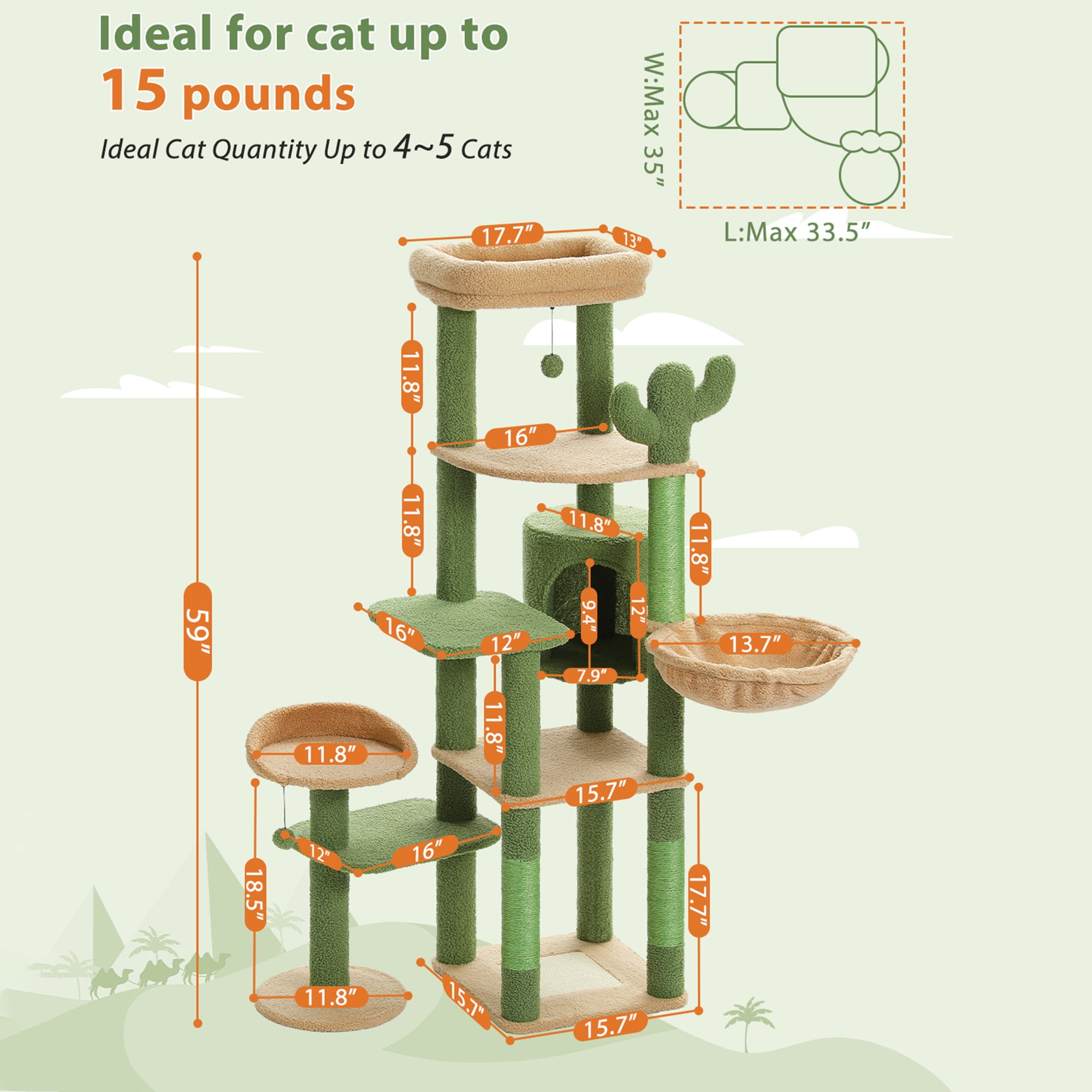Pefilos 59" Multi-Level Cat Tree Tower for Indoor Cats, Large Cat Condo for Multiple Cats with Hammock, Green Pefilos 59" Multi-Level Cat Tree Tower for Indoor Cats, Large Cat Condo for Multiple Cats with Hammock, Green