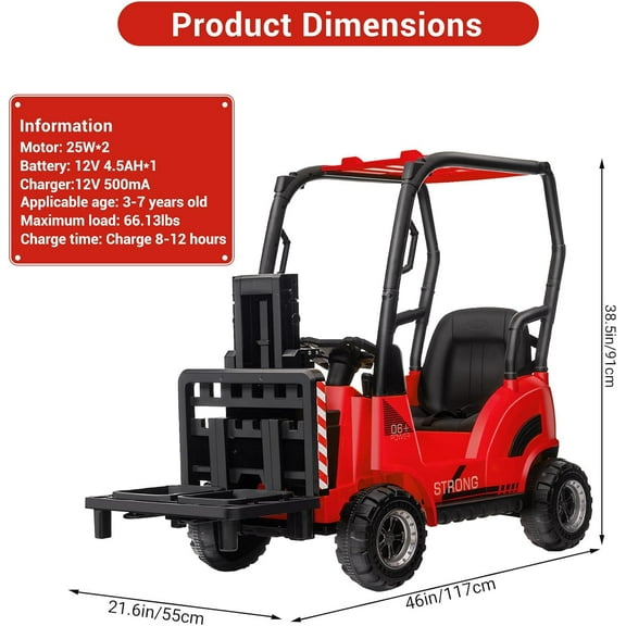 Acekid 12V Electric Ride On forklift Car with Remote Control Liftable fork Pallet 2 Speeds Music Low-Power Alarm Ride On Construction Car Red