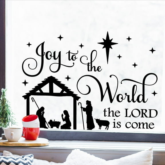Joy to the World the LORD is come with Nativity Scene Manger Baby Jesus Holiday Decals Vinyl Lettering Christmas Wall Decal Size: 16.5"H x 22"L - Color:  Black