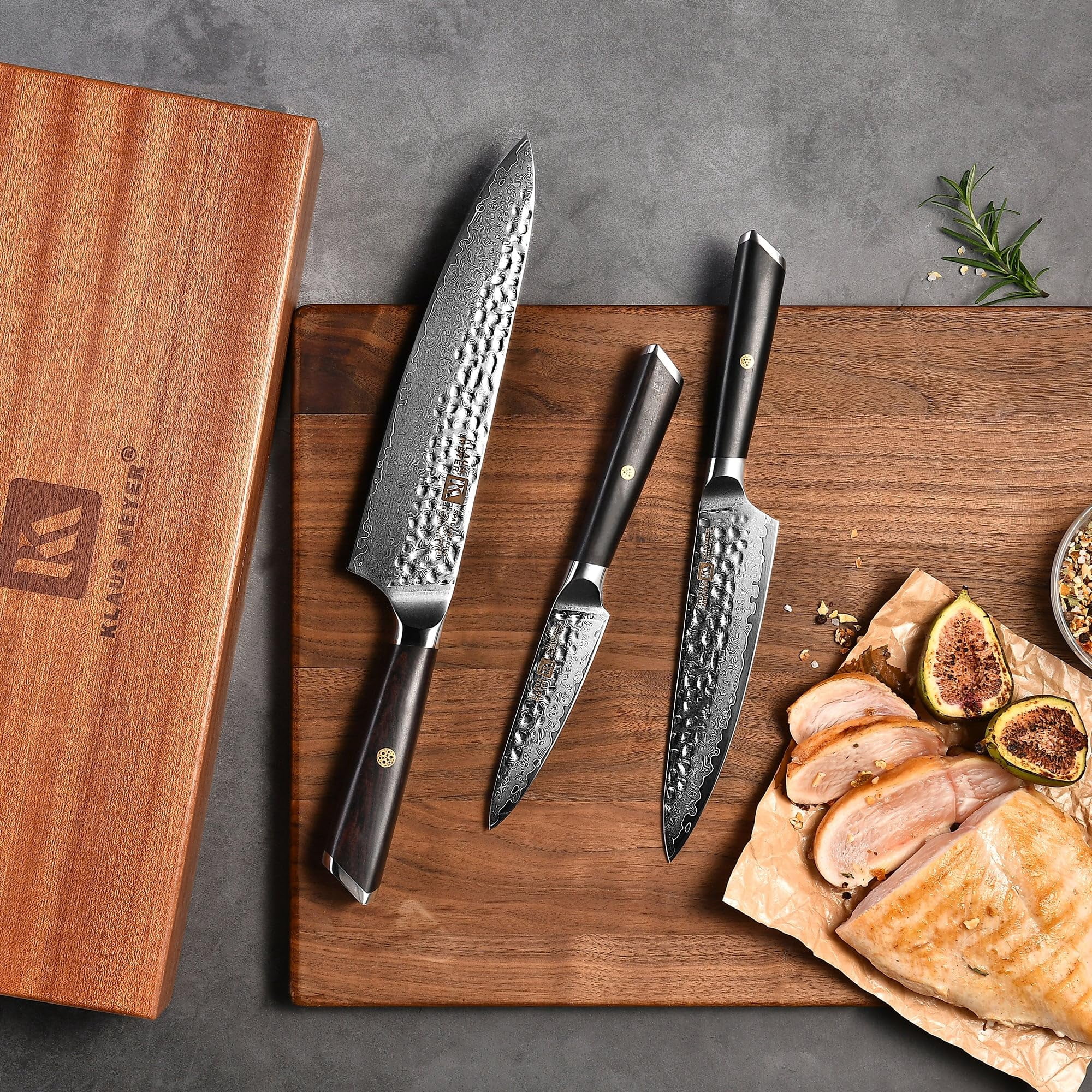 Klaus Meyer Spada Damascus Steel 3 Piece Non-Slip Handles Knife Set with Sapele Wood Box