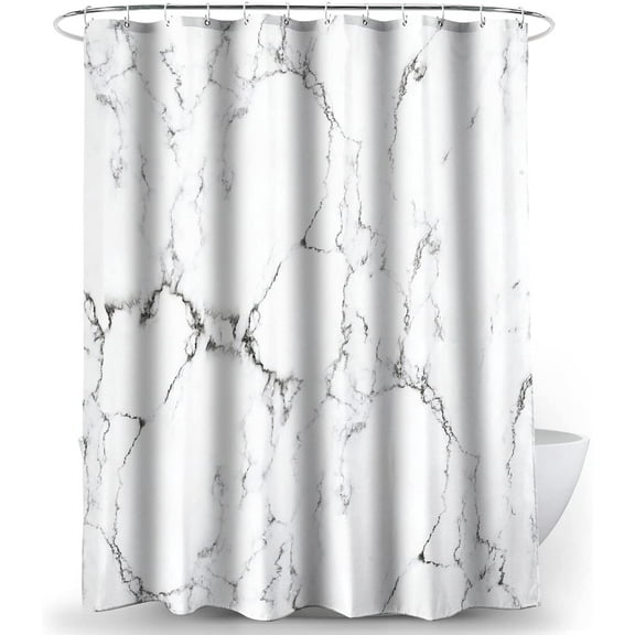 Heavy Duty Waterproof Fabric Bathroom Shower Curtain Bath Curtain Weighted 100 Percent Polyester, Machine Washable, 72 x 72 Inches with White and Grey Marble Design
