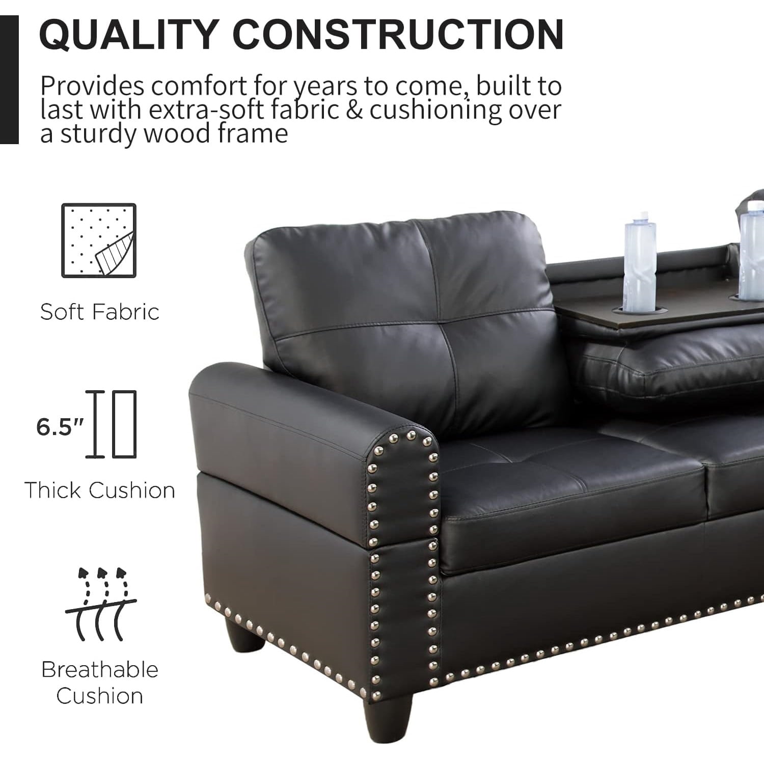 L-Shaped Linen Sectional Sofa with Chaise & Storage Tufted Sofa Couch Set for Living Room, Leather Black