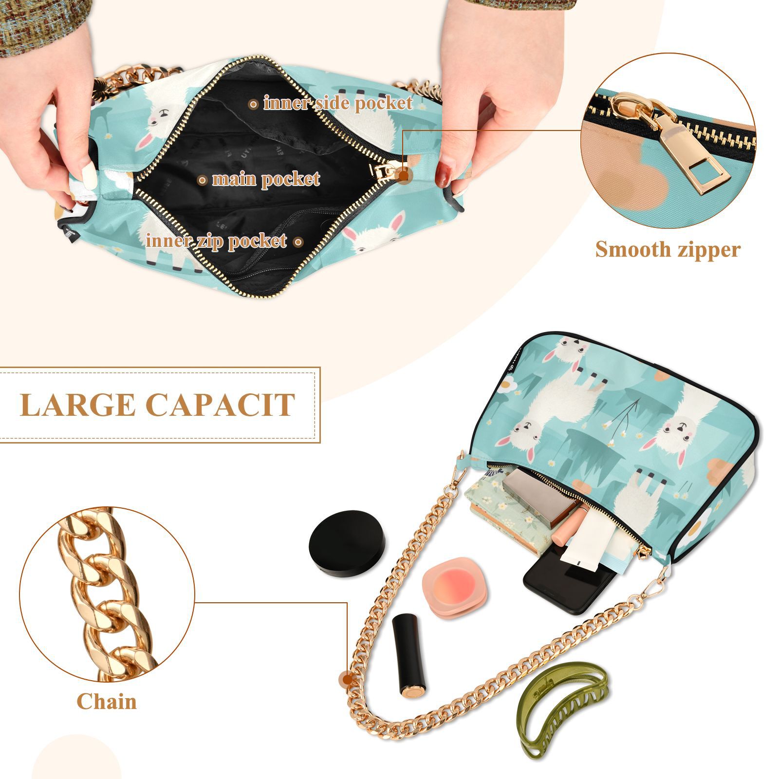 Alpacas Sheeps Flowers LeavesWomen Small Shoulder Bag Crossbody Tote Hobo Bags Purse Clutch Handbags with Chain Strap for Women