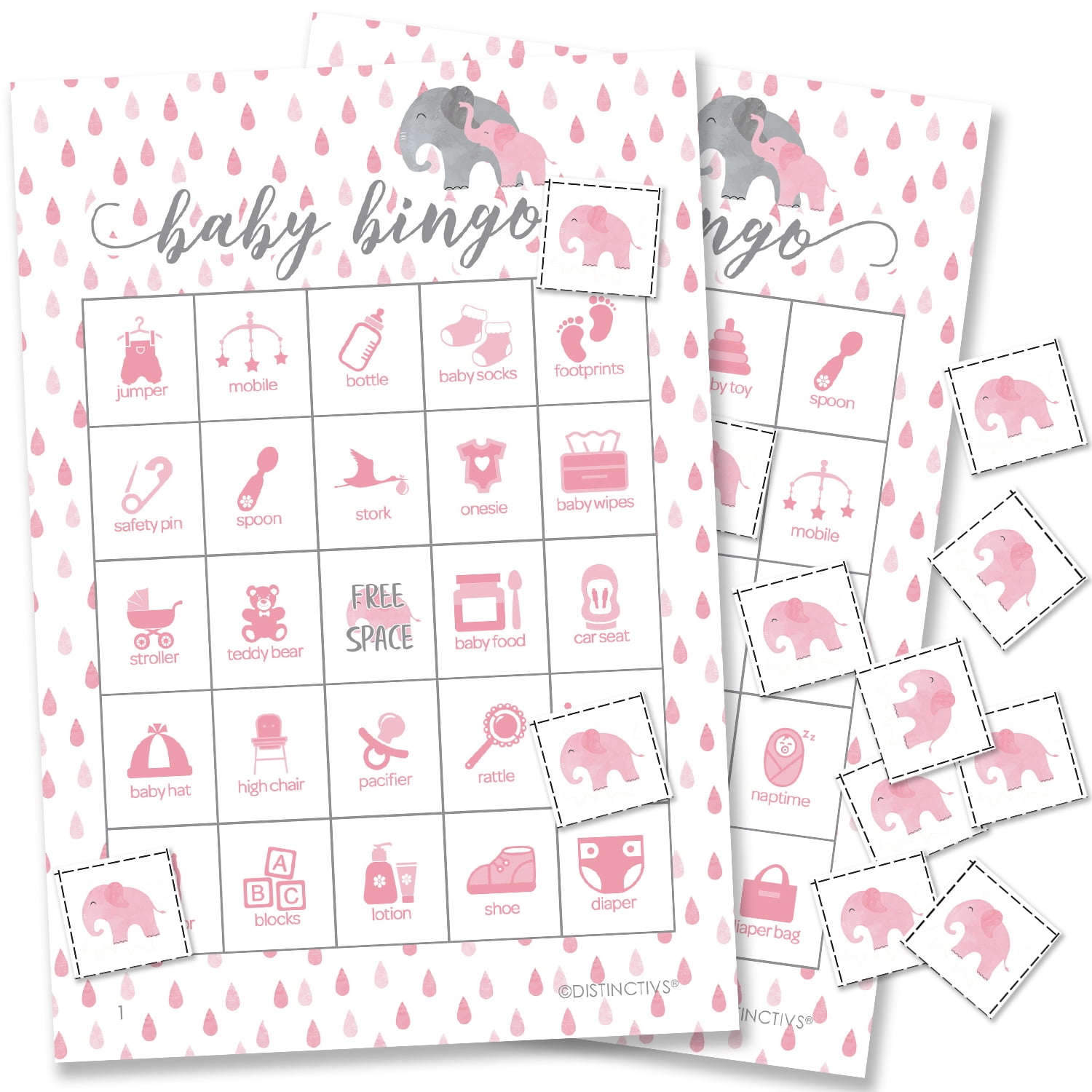 Pink Elephant Baby Shower Bingo Game Set 24 Bingo Cards With Chips