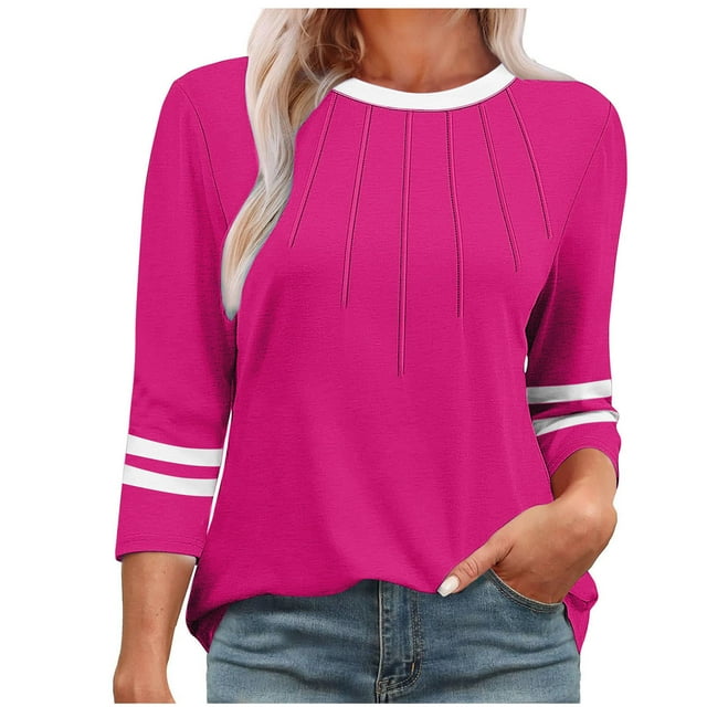 Olyvenn Chemises pour Femmes à Manches 3/4 Été à Blocs de Couleur Plissées Hauts Décontractés Amples Décontractés Col Ras du Cou Tenues Mode Vêtements Rose Vif P