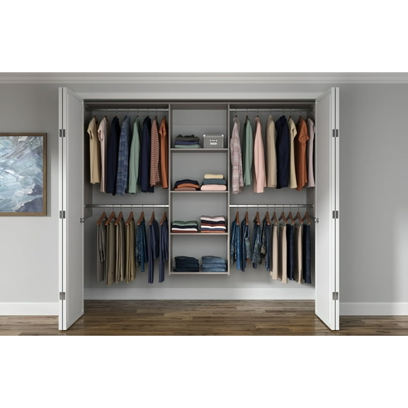 Easy Track Wood Laminate Closet Storage Organizer with Shelves, Grey