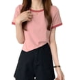 thumbnail image 1 of Camiseta de manga corta cuello redondo Color de contraste versátil moda mujer Casual verano Top, 1 of 8