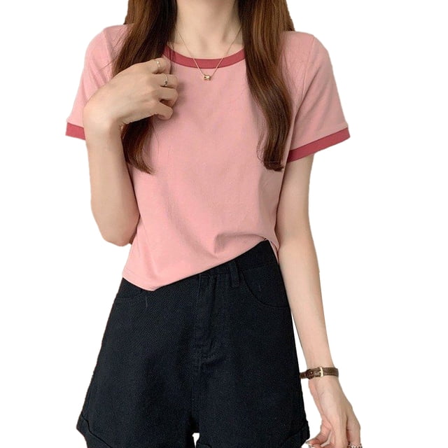 Camiseta de manga corta cuello redondo Color de contraste versátil moda mujer Casual verano Top